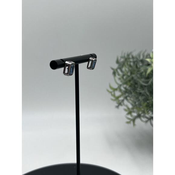 Sterling Silver Stamped 925 Rectangular Blue Stone Stud Earrings - Picture 7 of 14